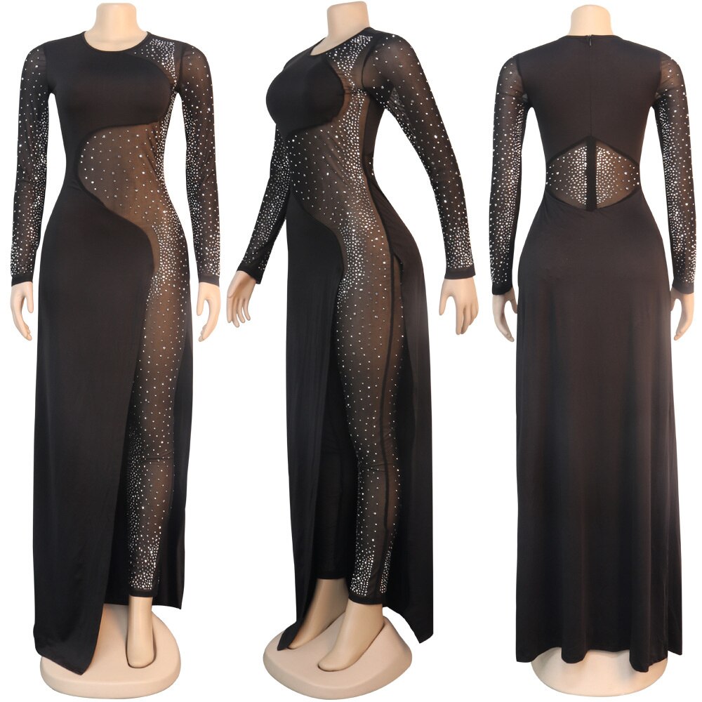 Studded Mesh Long Sleeve Jumpsuit Dresses