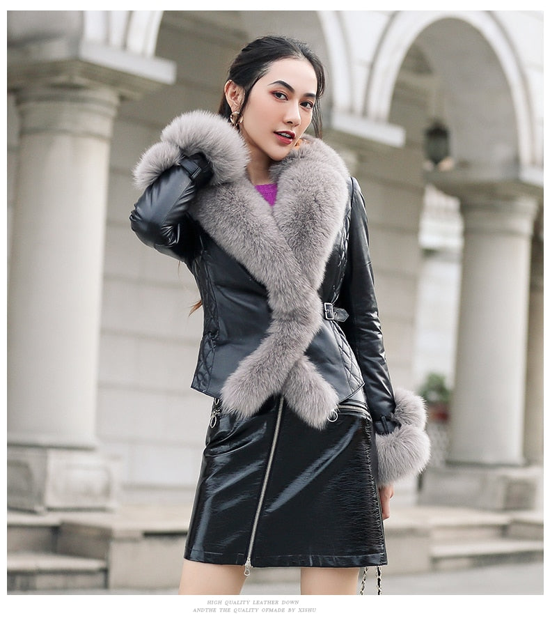 Genuine Leather Jacket Fur Collar & Cuffs