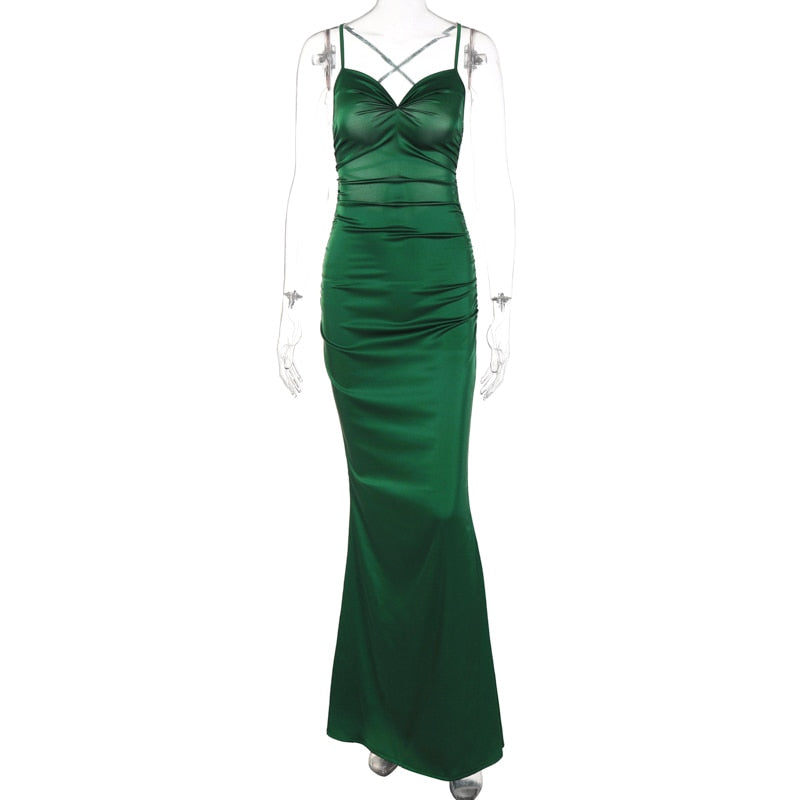 Green Satin Backless Maxi Dress