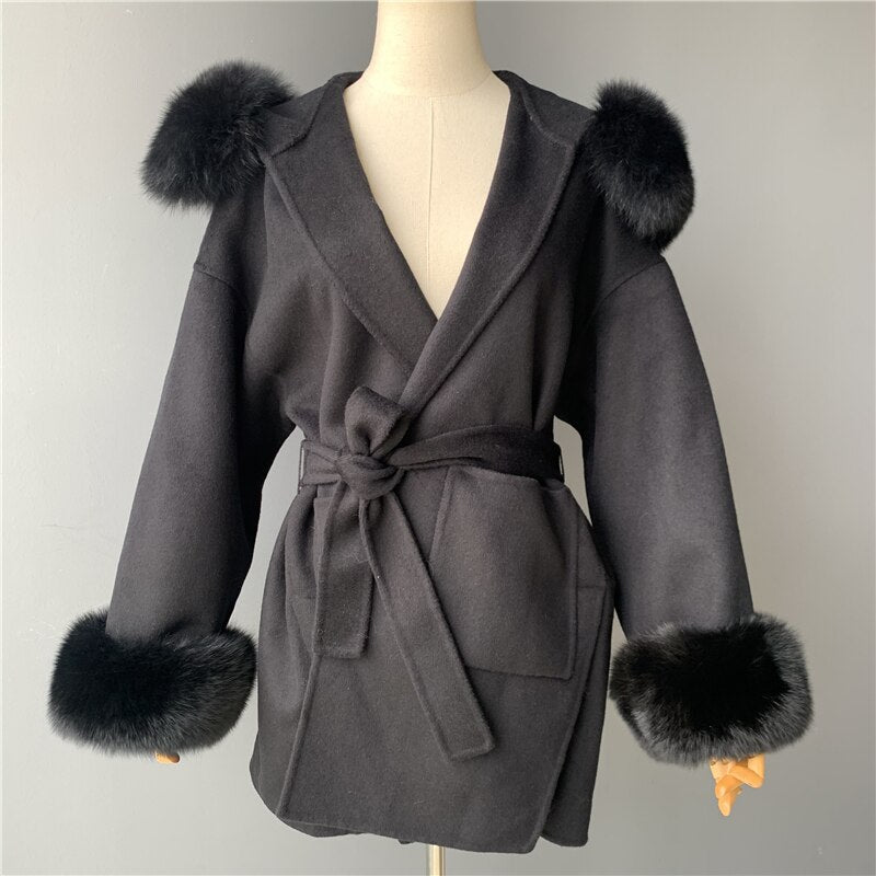 Cashmere Pea Coats Real Fur Hoodie & Cuffs