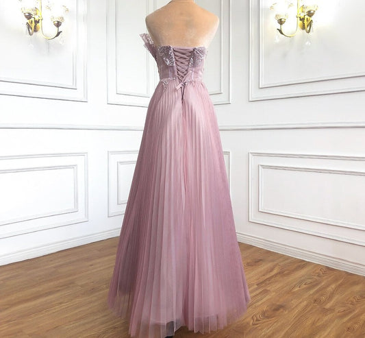 Pink Scalloped Pleats Floor-Length Dress