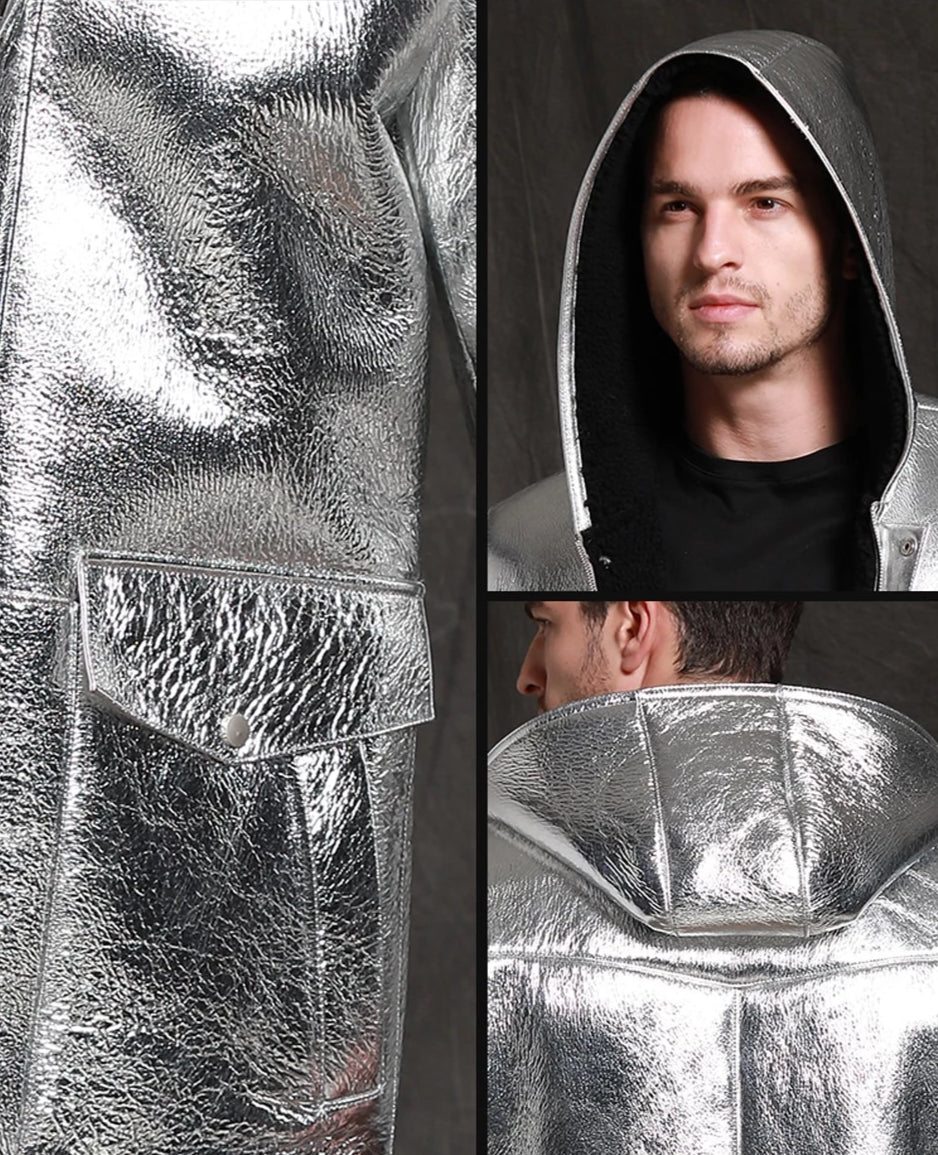 Metallic Silver Genuine Leather Shearling Fur Lining Long Hooded Coat