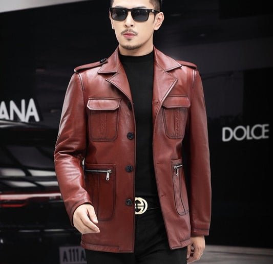 Genuine Leather Slim Cargo Blazer