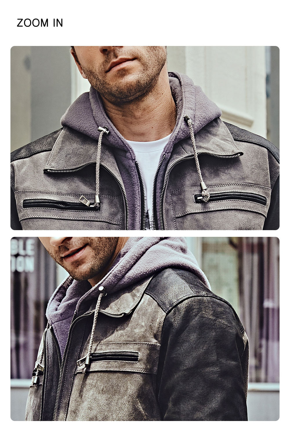 Genuine Leather Jacket with Detachable Hood