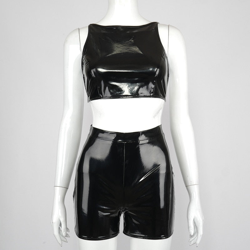 Black PU Leather Open Back Crop & Shorts Set