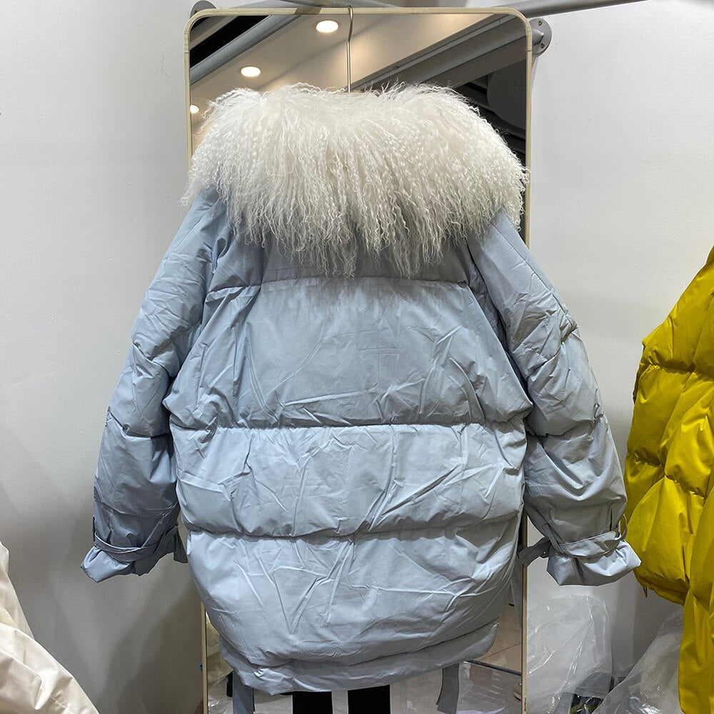 White Duck Down Puffer Coats Real Long Curl Shearling Fur Collar