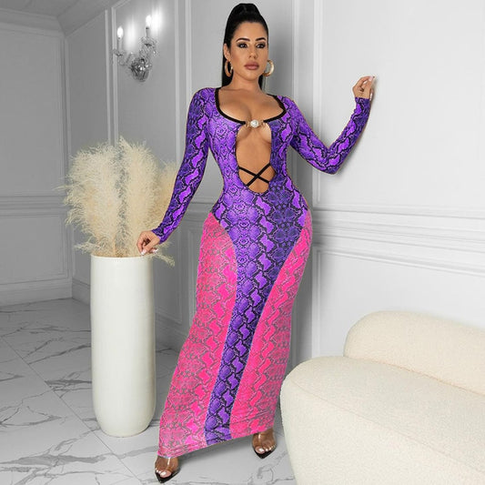 Snake Long Sleeve Cut-Out Maxi Dresses