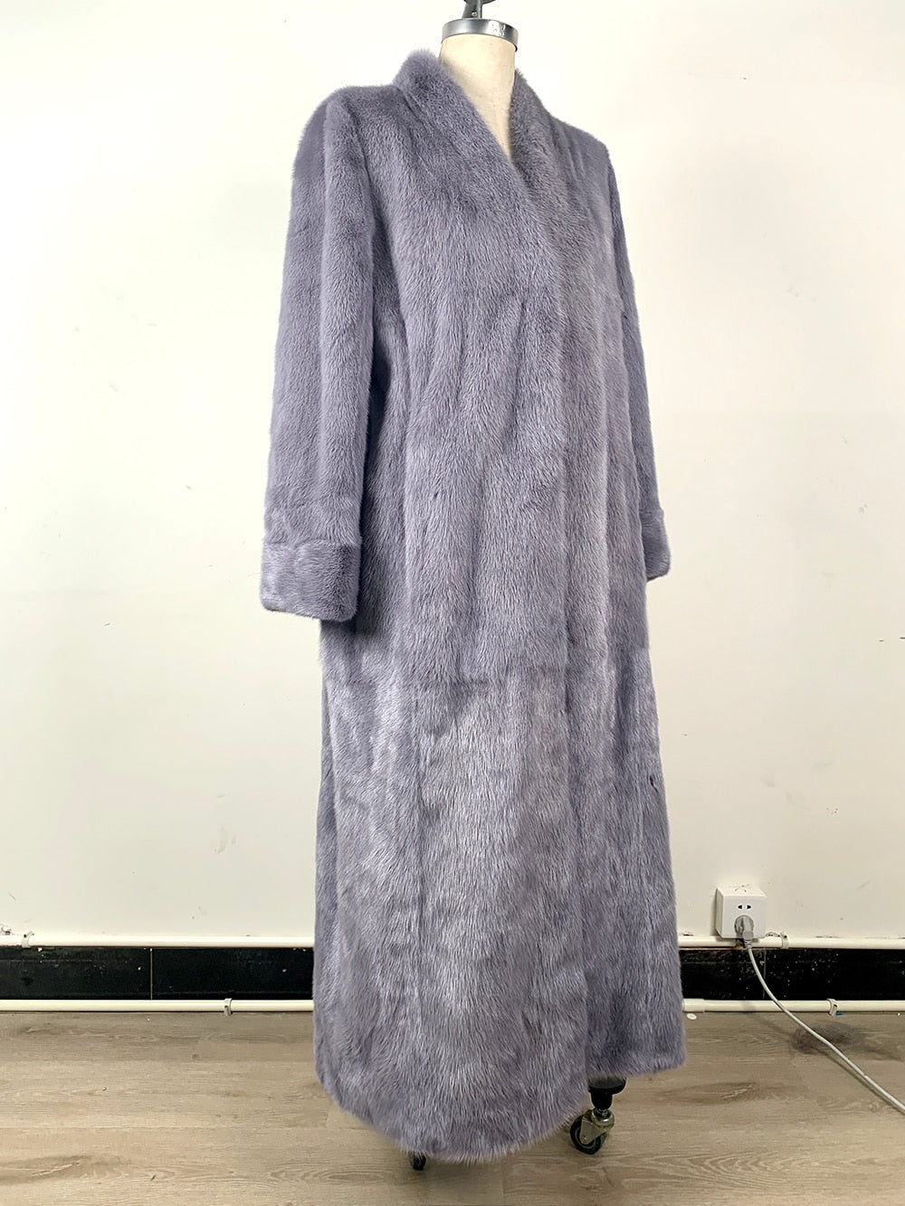 Luxury Gray Full Pelt Real Mink Fur X-Long Coat