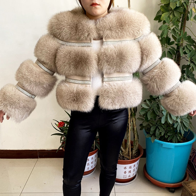 Real Fox Fur Crystal Diamond Jackets