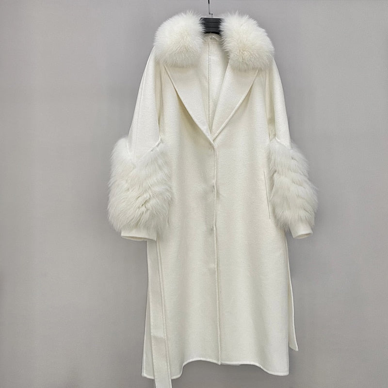 Plush Cashmere Long Coats Real Knitted Fur Collar & Long Cuffs