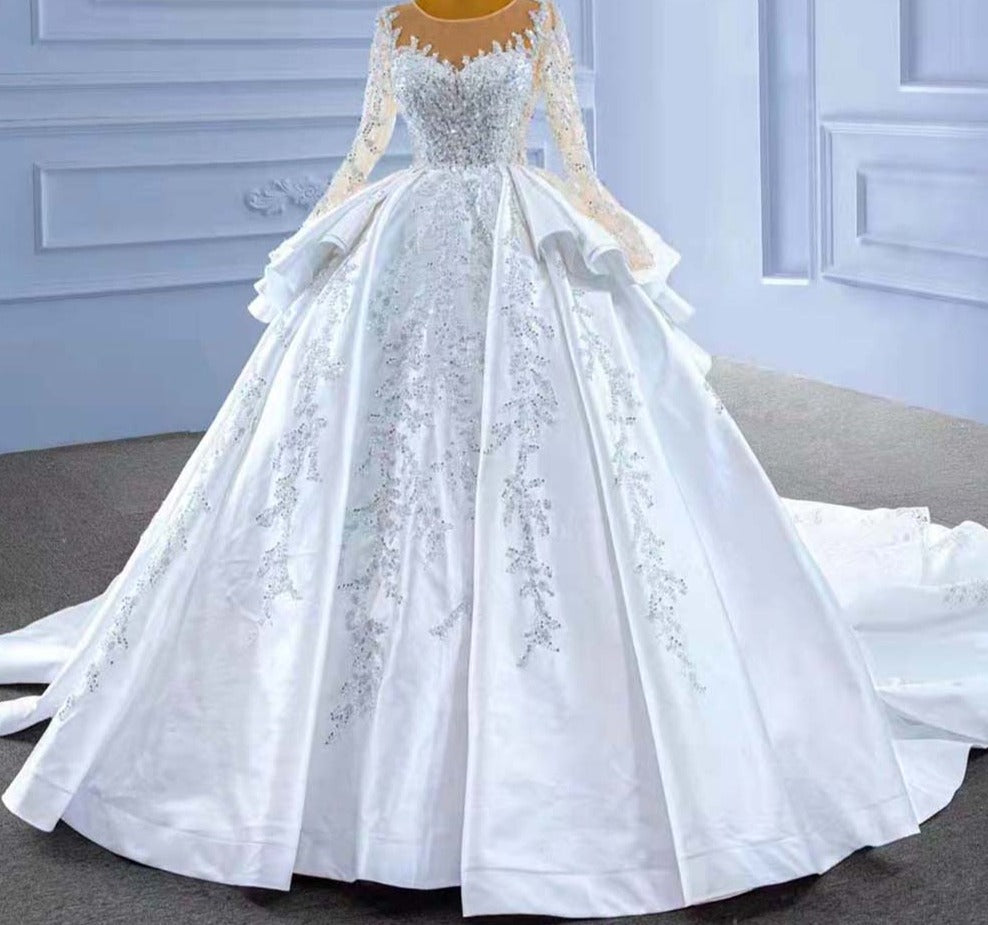 Luxury White Satin Sequin Lace Up Ruffles Wedding Dress