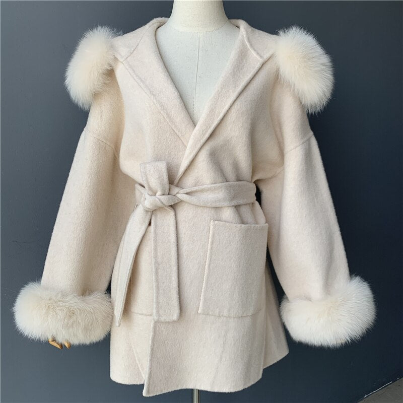 Cashmere Pea Coats Real Fur Hoodie & Cuffs