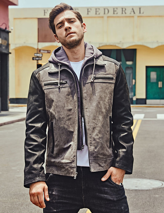 Genuine Leather Jacket with Detachable Hood