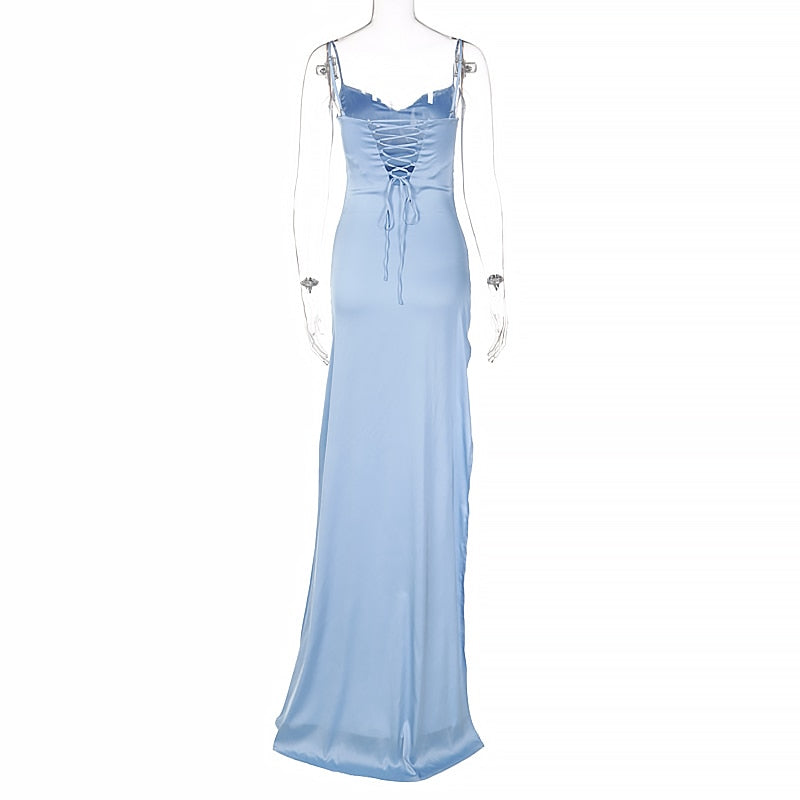 Satin Strap Side Slit Ruched Maxi Dress