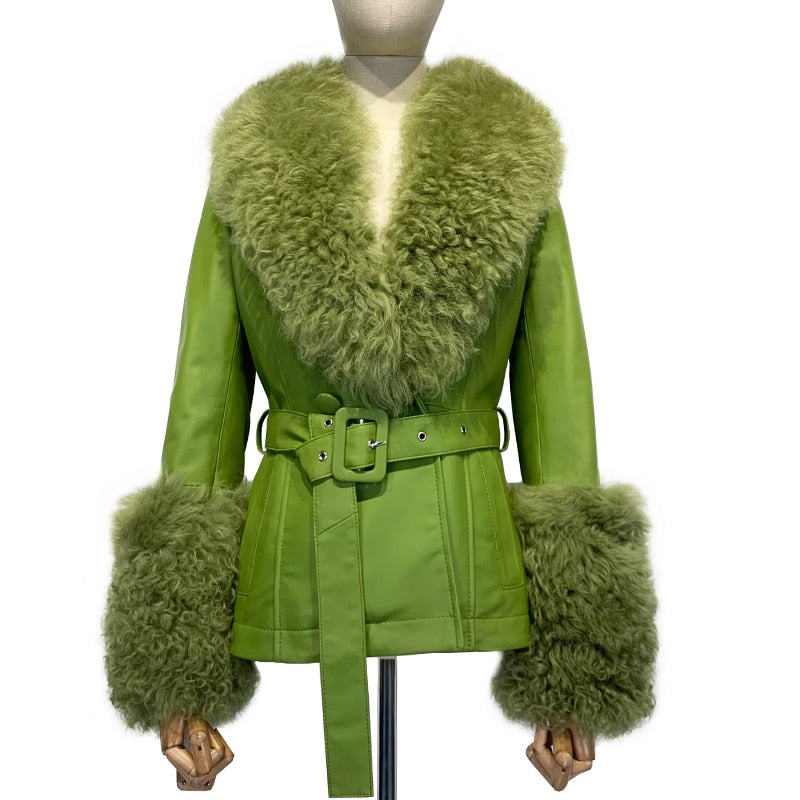 Genuine Leather Big Fur Short Pea Coats