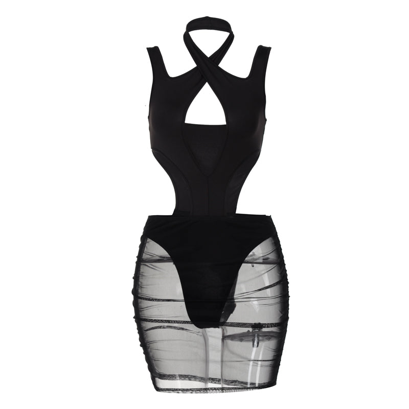 Halter Hollow Backless Mesh Dresses