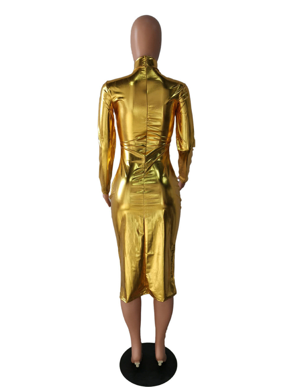 Metallic Long Sleeve Turtleneck Midi Dresses