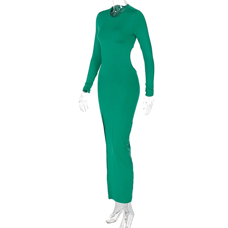 Green Hollow Ruched Back Midi Dress