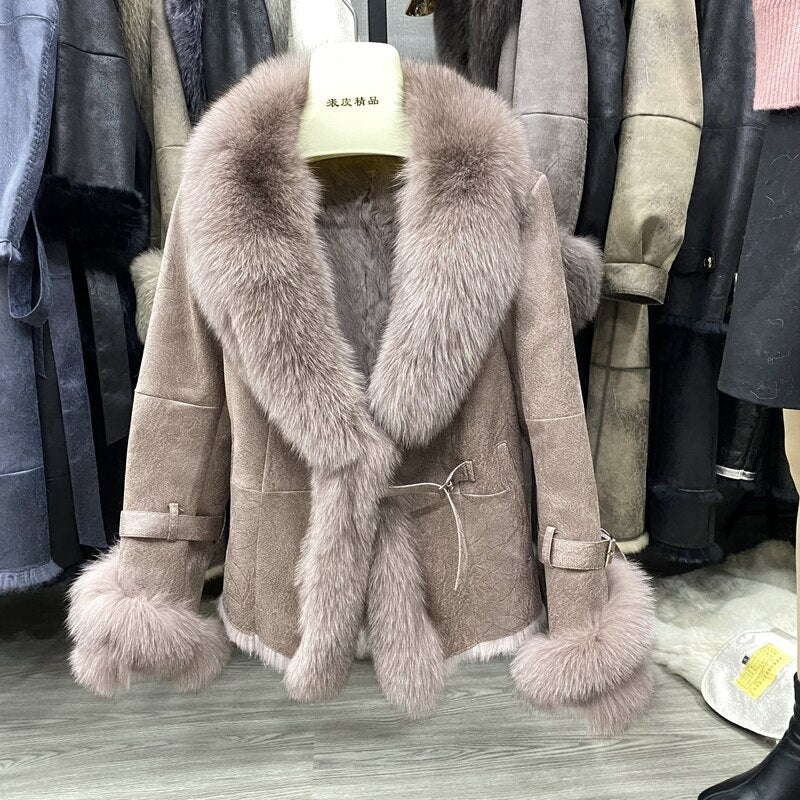 Genuine Leather Fur Collar Short Coats