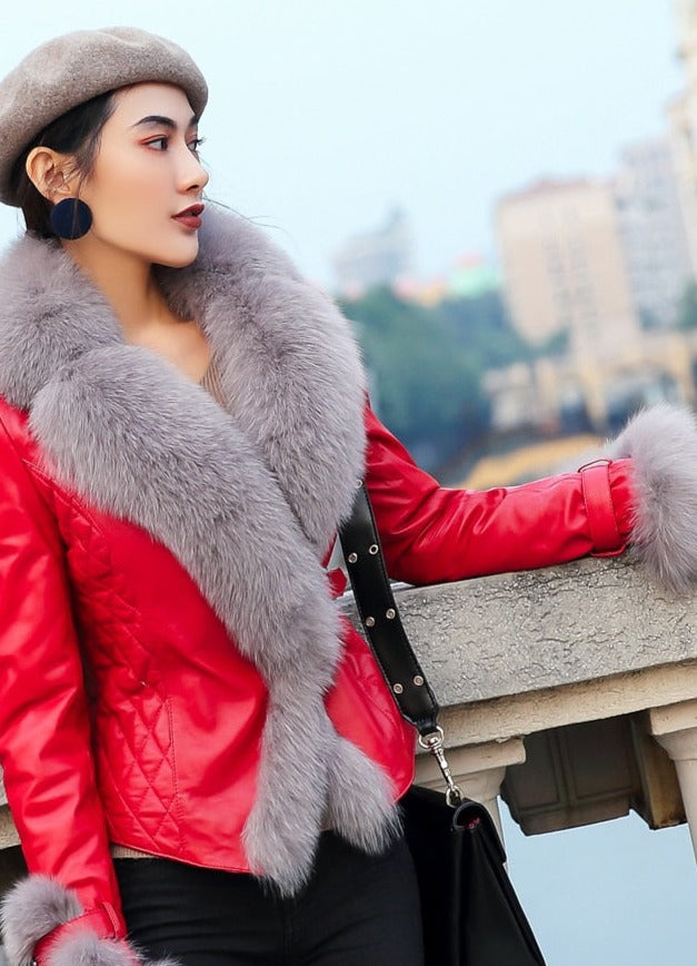 Genuine Leather Jacket Fur Collar & Cuffs