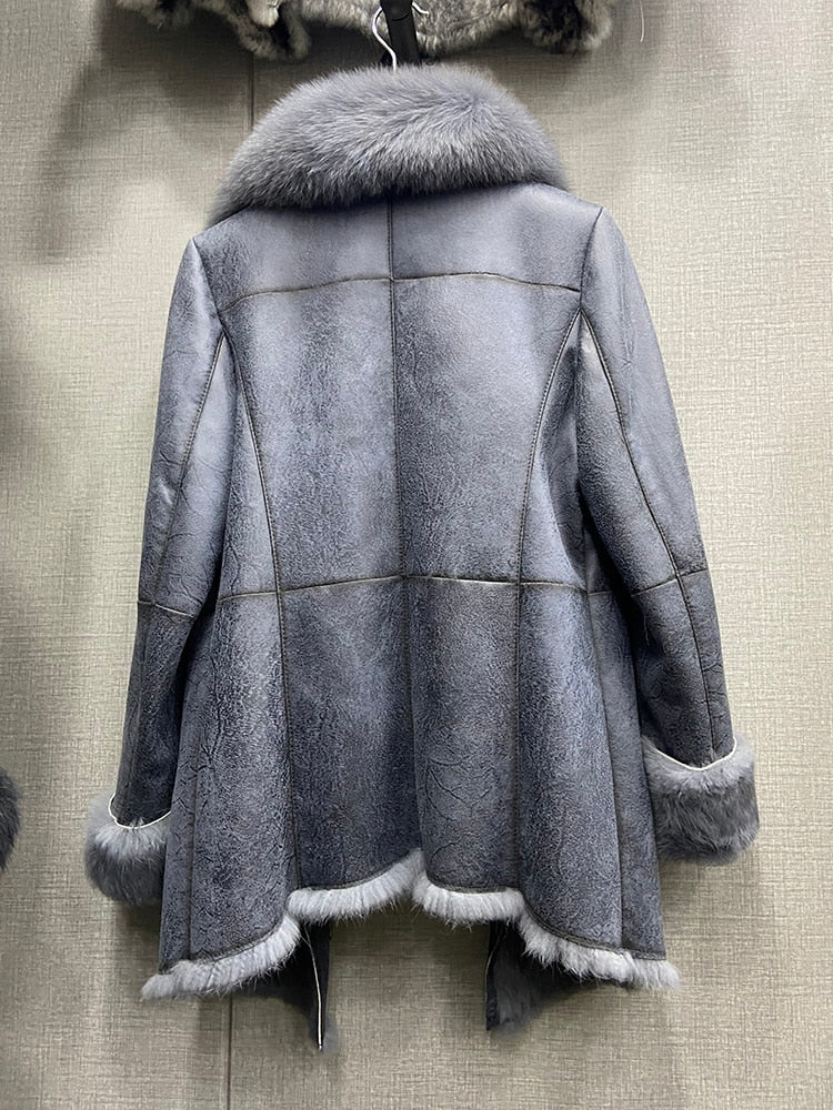 Genuine Leather Jacket Rabbit Fur Liner Fox Fur Collar