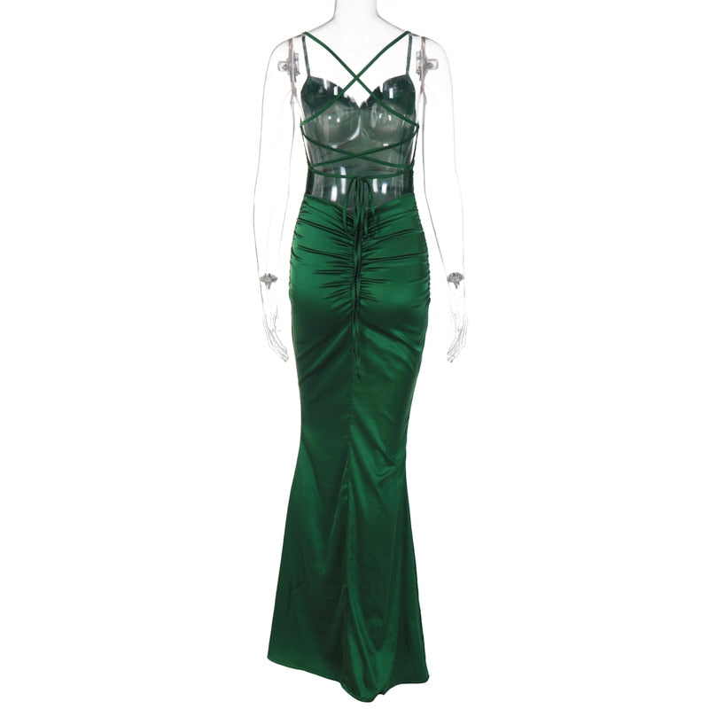 Green Satin Backless Maxi Dress