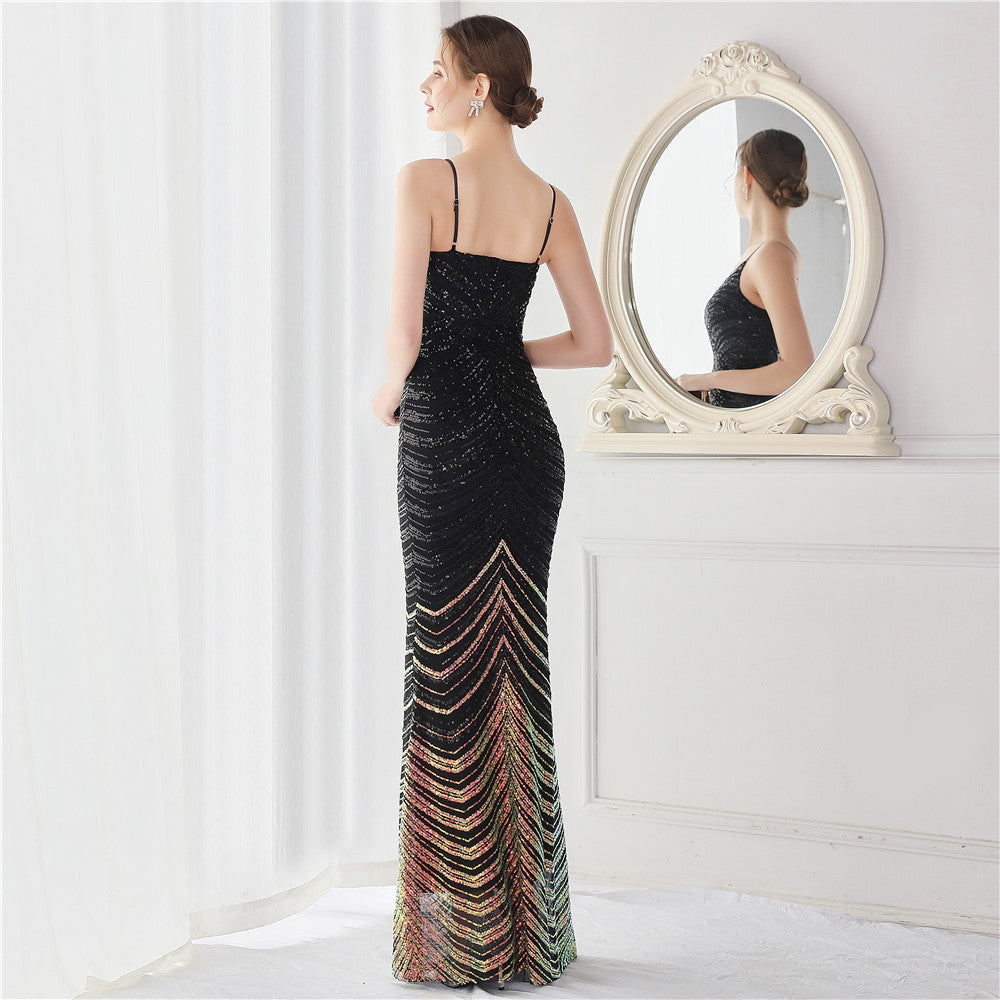 Stripe Sequin Strap V Neck  Maxi Dresses