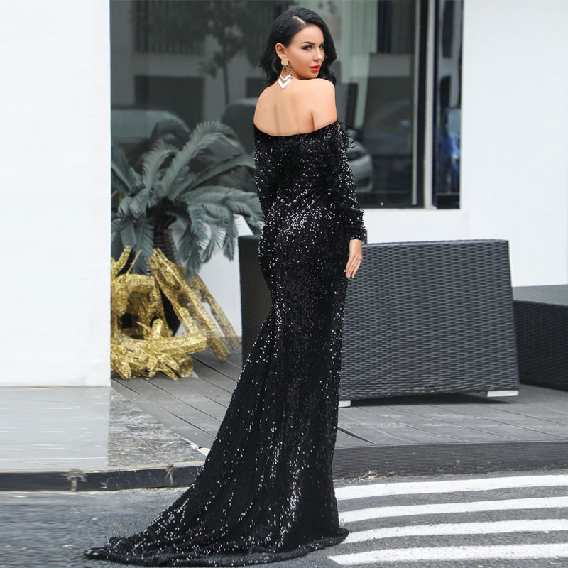 Off Shoulder Sequin Trumpet Maxi Dresses