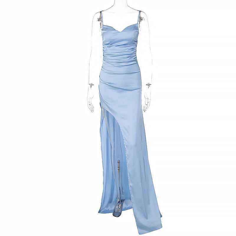 Satin Strap Side Slit Ruched Maxi Dress