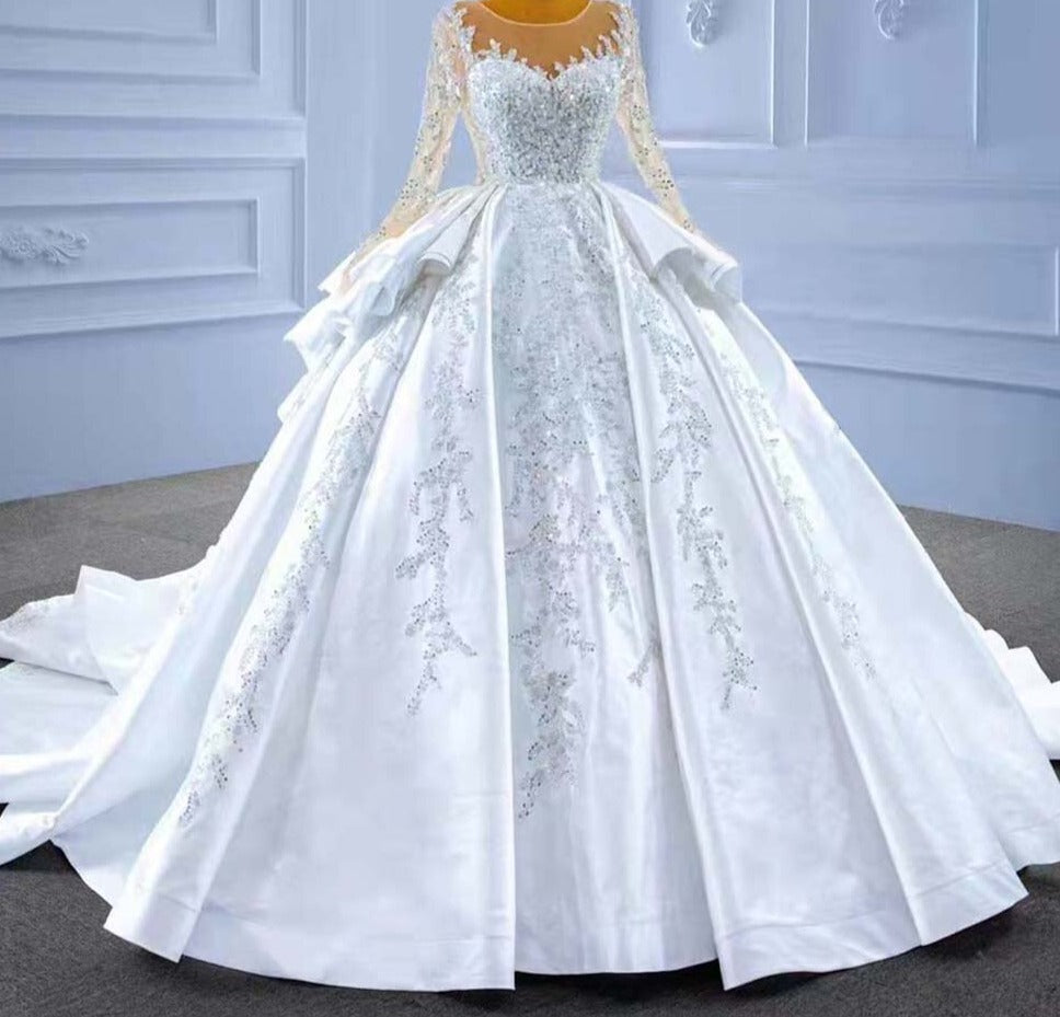 Luxury White Satin Sequin Lace Up Ruffles Wedding Dress