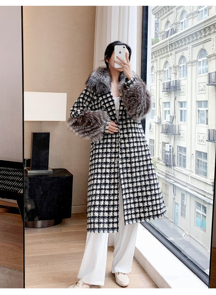 Plush Cashmere Long Coats Real Knitted Fur Collar & Long Cuffs