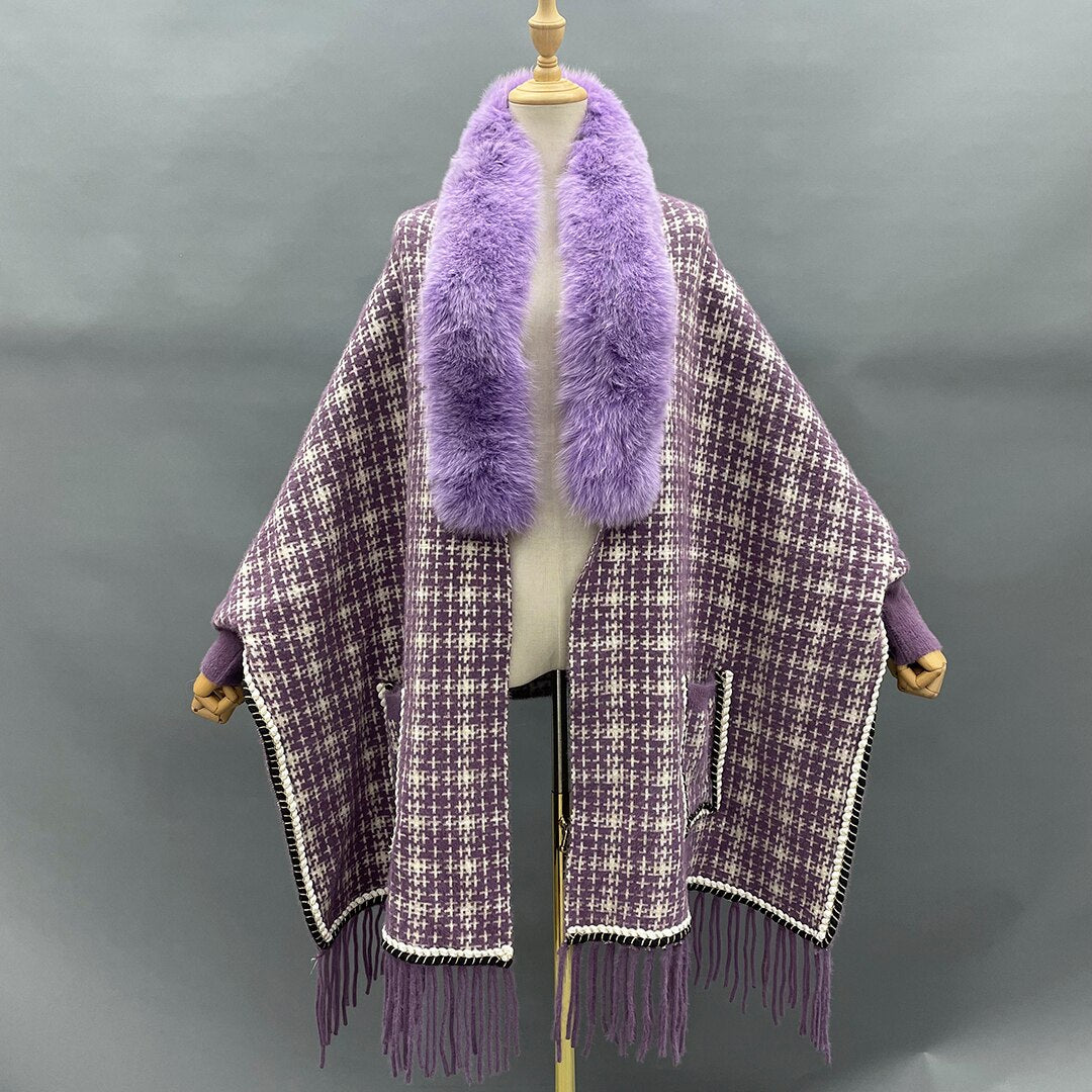 Real Fur Plaid Wool Tassel Ponchos