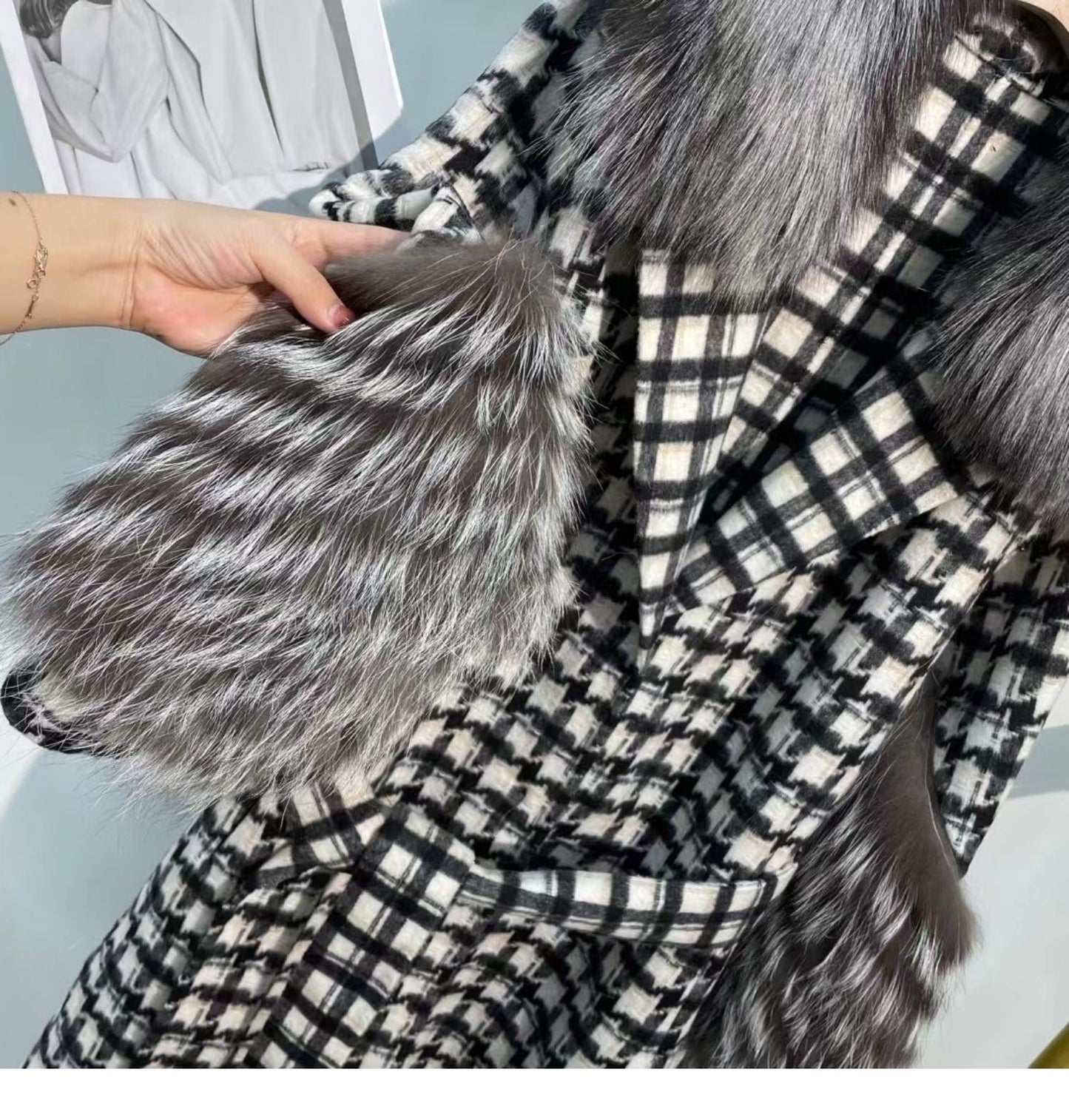 Plush Cashmere Long Coats Real Knitted Fur Collar & Long Cuffs