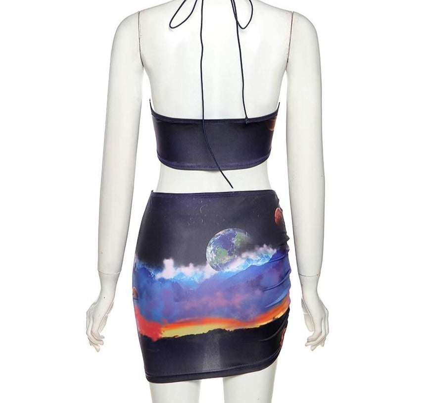 Night Sky Print Halter Crop Bra + Mini Skirt Set