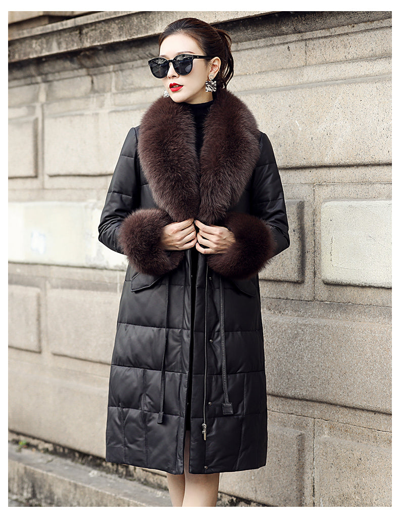 Genuine Leather Long Coat Duck Down Fur Collar
