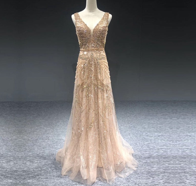 Luxury Pearl Crystal V-Neck Sleeveless Evening Dresses