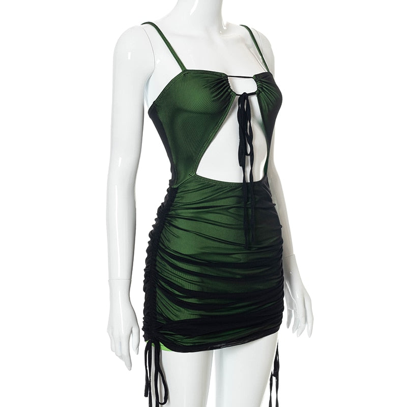 Black Ruched Mesh Bodycon Mini Green Dress L