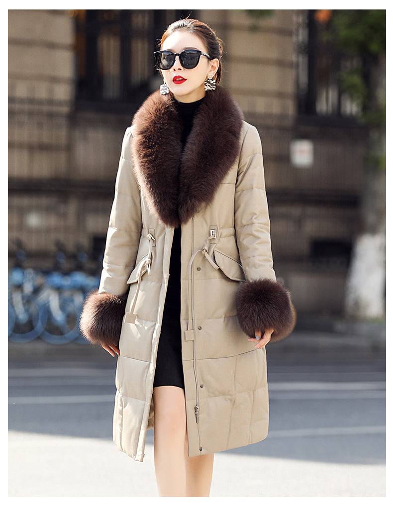 Genuine Leather Long Coat Duck Down Fur Collar