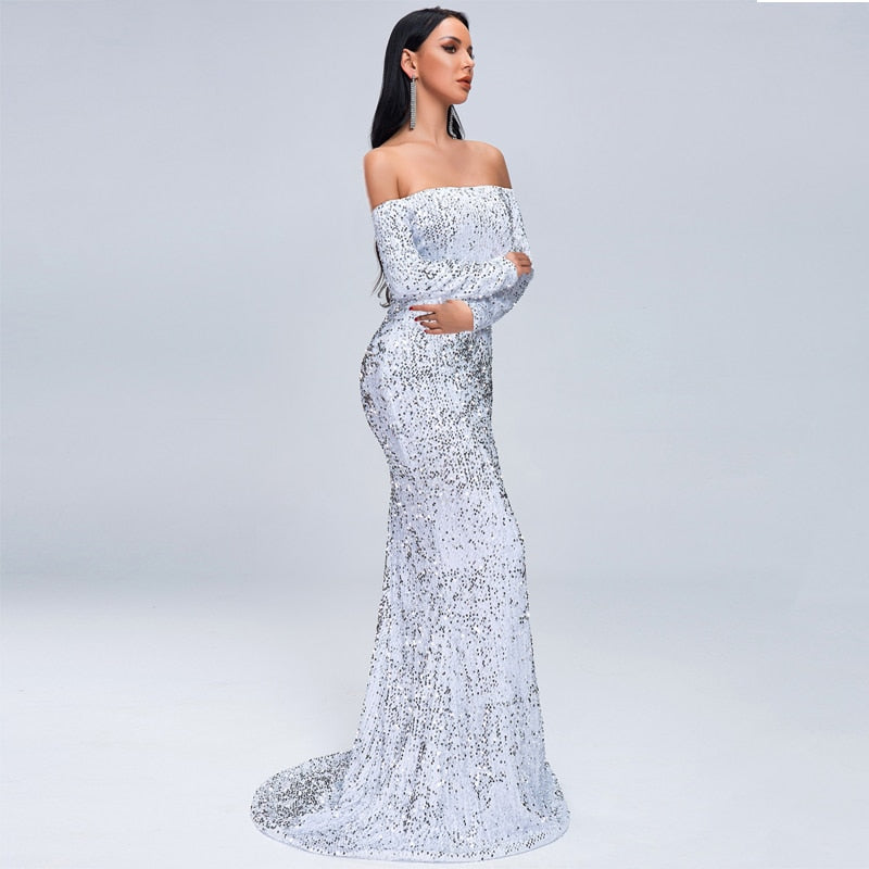 Off Shoulder Sequin Trumpet Maxi Dresses