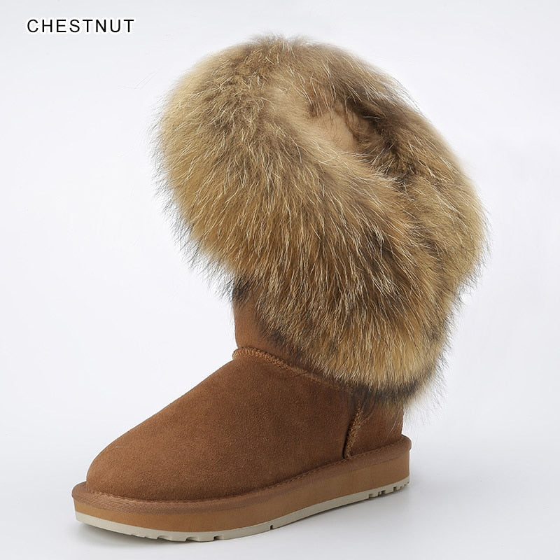 Genuine Leather Suede Natural Fox Fur Half Top Snow Boots