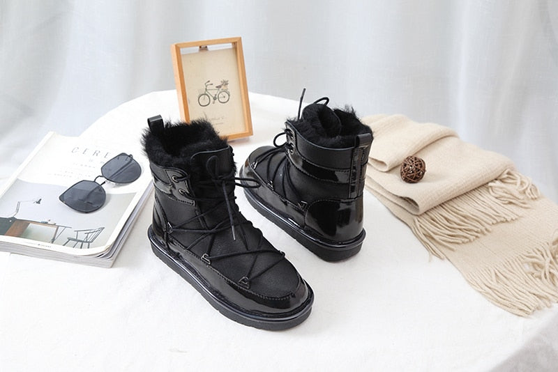 Genuine Leather Shearling Fur Lined Ankle Snow Boots Waterproof
