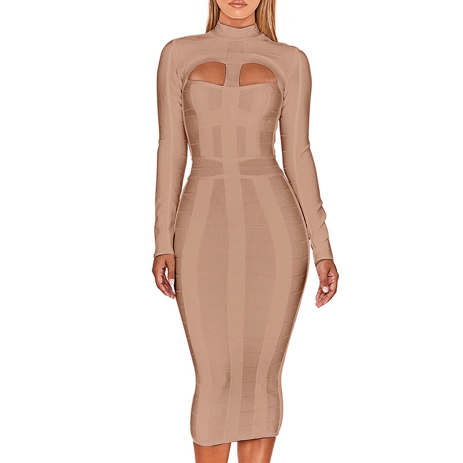 High Neck Hollow Bodycon Midi Dresses