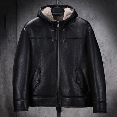 Black Genuine Leather Real Shearling Fur Short Coat Hooded