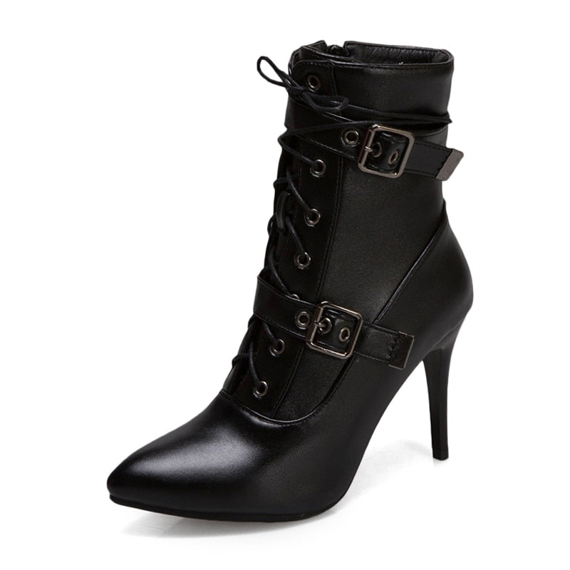 High Heels Lace Up Pointed Toe Ankle Boots