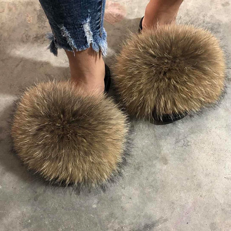 Real Fur Slides Sandals Slippers Flip Flops