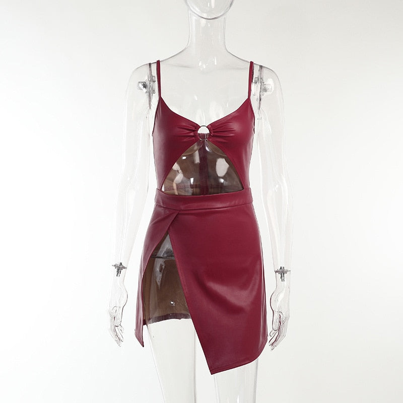 PU Leather Hollow Asymmetrical Mini Dress