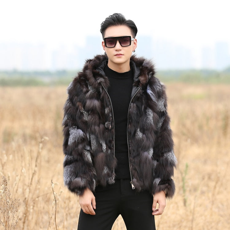 Genuine Fox Fur Patchwork Coat With Hood