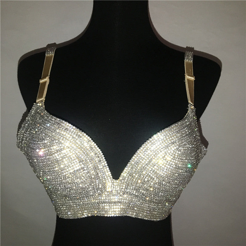 Crystal Beading Deep V Crop Top and High Waist Set