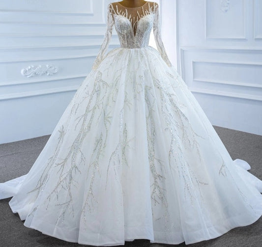 White Sparkle O-Neck Long Sleeves Wedding Dress