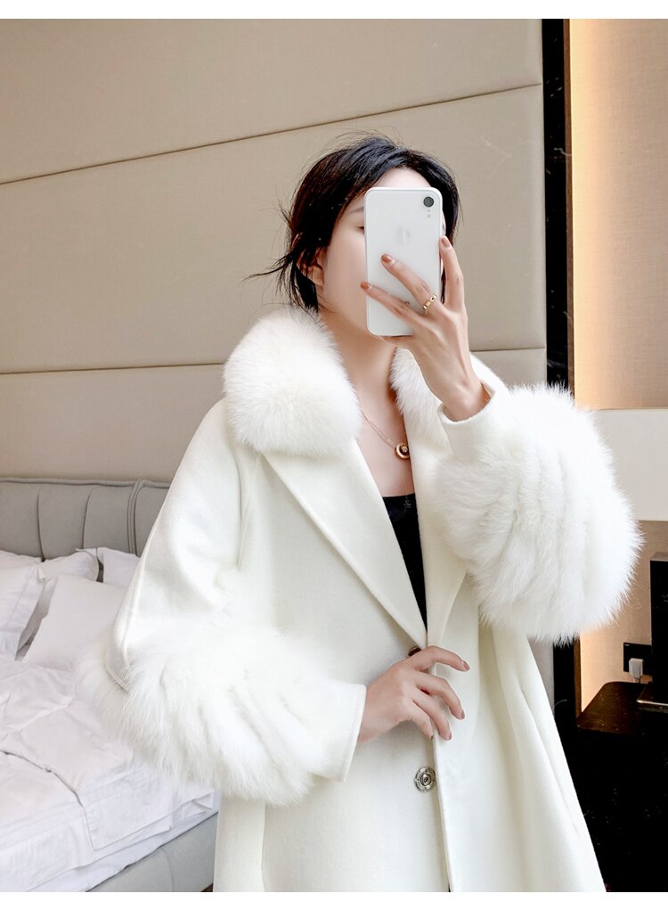 Plush Cashmere Long Coats Real Knitted Fur Collar & Long Cuffs